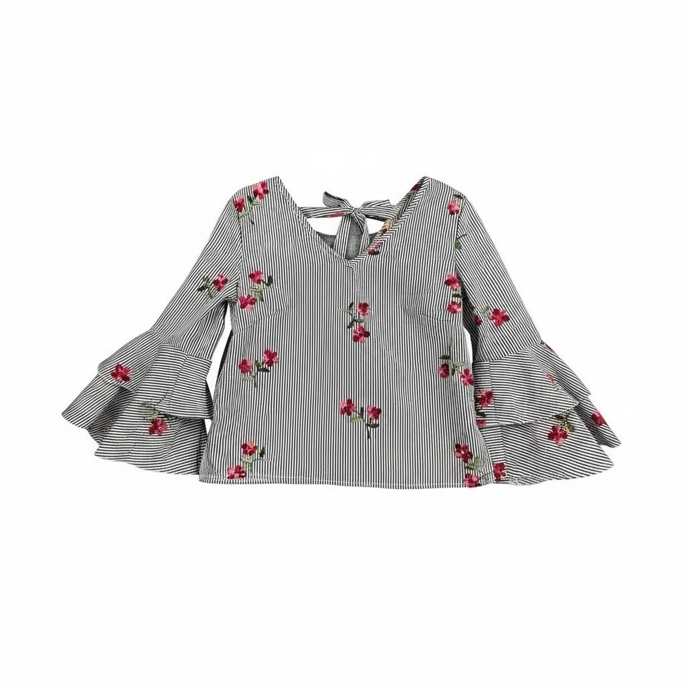 Girl Evolution Striped Embroidered Bell Sleeve Blouse Women's Small Tie Back Top
